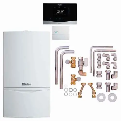Vaillant Heizgerät mit Zubehör, einschließlich Rohren, Ventilen und einer Steuerungseinheit, angeordnet auf einem weißen Hintergrund.